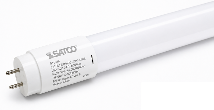 SATCO S11656 25W 4FT T5 LED tube light, 5CCT selectable, Type B ballast bypass, 120-347V, G5 bi-pin base for commercial retrofit lighting