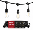 SATCO S8020 24FT LED string light set with 12 S14 warm white filament bulbs, black outdoor cord, IP65 wet rated decorative patio lighting