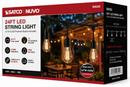 SATCO S8020 24FT LED string light retail packaging showing 12 S14 LED filament bulbs, 2700K warm white, IP65 wet rating and outdoor patio lighting features