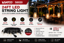 SATCO S8020 24FT LED string light infographic showing 12 S14 LED filament bulbs, 2700K warm white output, IP65 wet rating, heavy-duty SJTW cord and connectable up to 30 sets for outdoor patio lighting