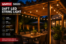 SATCO S8020 LED string lights installed on an outdoor pergola creating warm patio lighting for backyard and entertainment spaces