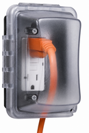 TayMac MM410CCN weatherproof in-use outlet cover installed with orange cord plugged into outdoor GFCI receptacle showing protective clear lid in use in Canada