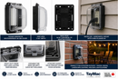 TayMac MM410CCN weatherproof in-use outlet cover with clear lid and black base, showing front view, side depth, back adapter system and installed outdoor GFCI application with cord plugged in in Canada