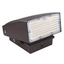 Front angled view of Votatec AST-AWP01B 80W CCT and power adjustable LED wall pack showing LED light engine and bronze housing