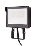 Angled front view of Votatec AST-FL19 80W LED flood light with glass lens, LED array, and adjustable trunnion bracket