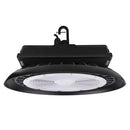 Votatec AST-HB18-300WF1B1T2C1-BH50 300W UFO high bay LED light angled underside view with clear PC cover and black housing