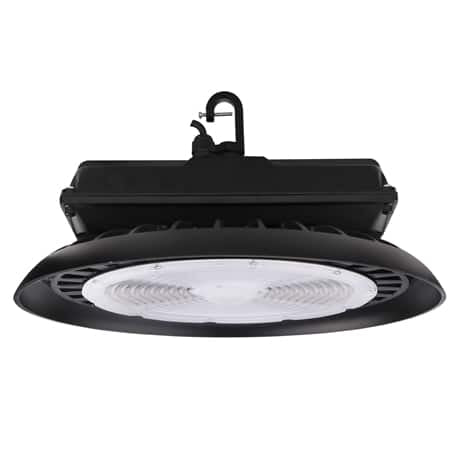 Votatec AST-HB18-300WF1B1T2C1-BH50 300W UFO high bay LED light angled underside view with clear PC cover and black housing
