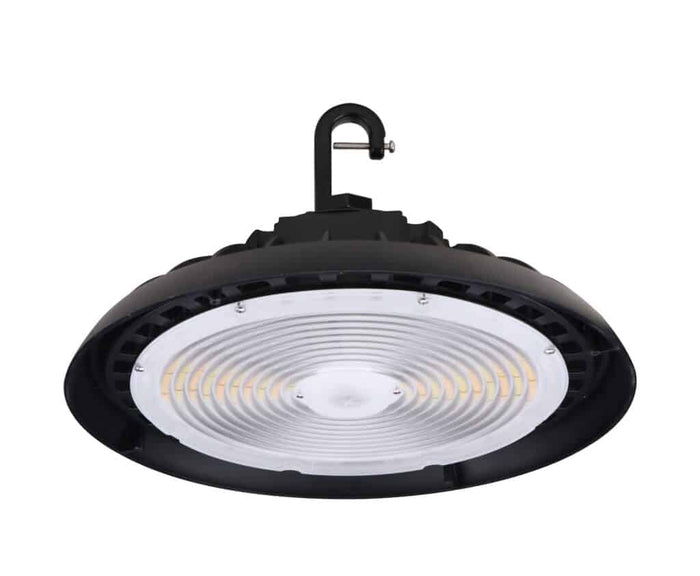 Side view of Votatec AST-HB23 300W UFO high bay LED light with clear lens, black housing, and hook mount