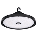 Votatec AST-HB26-150WS1B60-80-100C2-BH35-40-50WD 150W adjustable beam UFO high bay angled underside view with black housing clear lens and hook mount