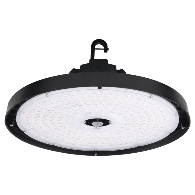 Votatec AST-HB26-150WS1B60-80-100C2-BH35-40-50WD 150W adjustable beam UFO high bay angled underside view with black housing clear lens and hook mount