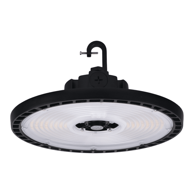 Side view of Votatec AST-HB26 240W adjustable beam UFO high bay LED fixture with hook mount and clear lens