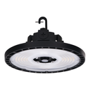 Votatec AST-HB28-150WS1AT2C2-BH35-40-50WD 150W black adjustable UFO high bay angled underside view with integrated hook mount and LED optics