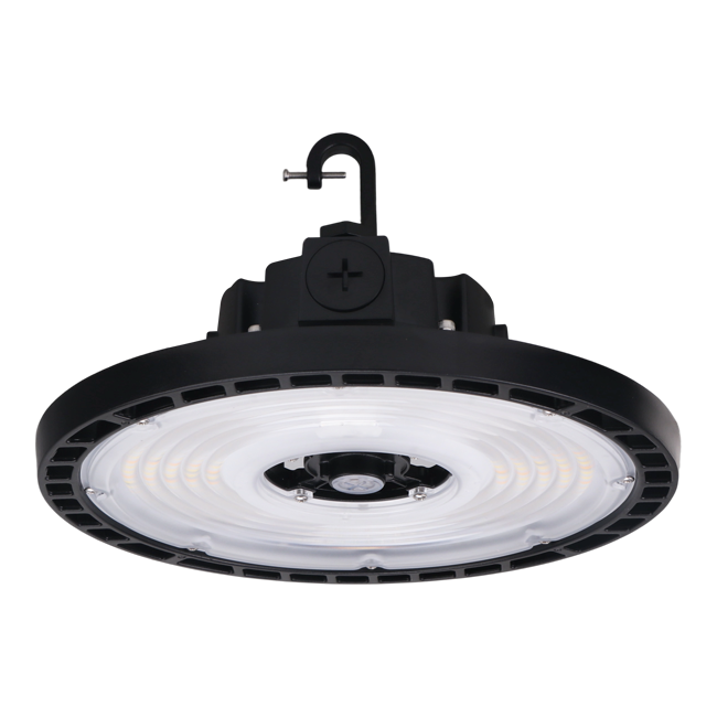 Votatec AST-HB28-150WS1AT2C2-BH35-40-50WD 150W black adjustable UFO high bay angled underside view with integrated hook mount and LED optics