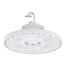 Votatec AST-HB28-150WS1AT2C2-WH35-40-50WD 150W white adjustable UFO high bay angled underside view with integrated hook mount and LED optics