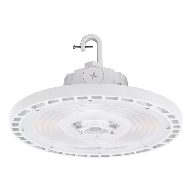 Votatec AST-HB28-150WS1AT2C2-WH35-40-50WD 150W white adjustable UFO high bay angled underside view with integrated hook mount and LED optics