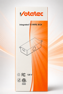 Back label of Votatec integrated T5 wire box showing installation warning, 120V 60Hz rating, 2 amp maximum and ETL Intertek certification