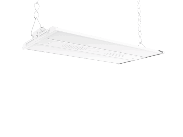 Votatec VO-LH2W220FT2-347-3WAY-D-S 2FT 2-line linear high bay LED light suspended angled underside view 220W adjustable 120-347V 3CCT