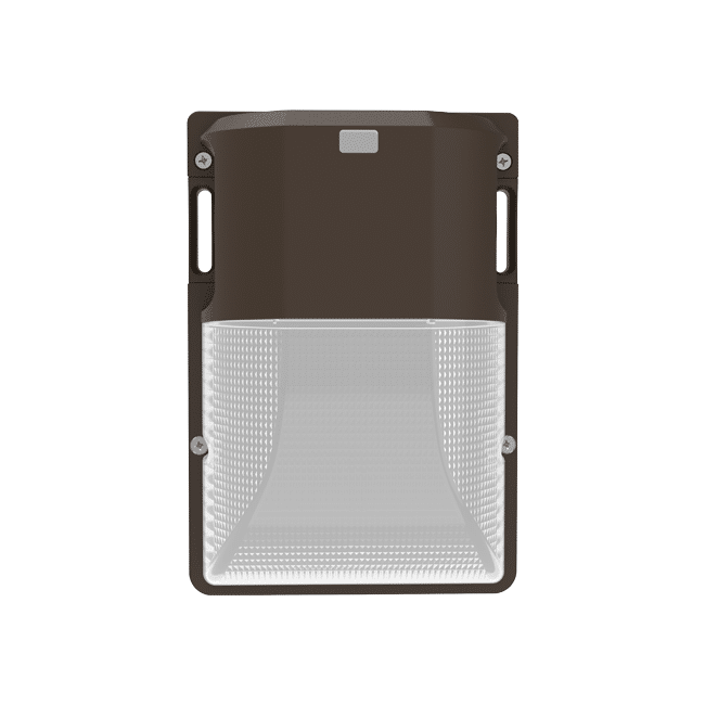 Front view of Votatec VO-MWP30W-347-3WAY 30W CCT and power adjustable mini LED wall pack with bronze housing and clear prismatic lens