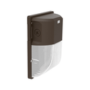 Left angled view of Votatec VO-MWP30W-347-3WAY 30W CCT and power adjustable mini LED wall pack with bronze housing and prismatic lens