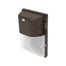 Right angled view of Votatec VO-MWP30W-347-3WAY 30W mini LED wall pack with photocell, bronze housing, and clear prismatic lens
