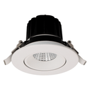 Votatec VO-RP4W16-120-D-5WAY 4 inch round regressed gimbal LED pot light angled side view showing white trim, recessed lens, and black heatsink