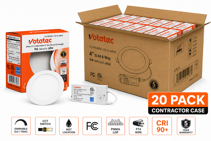 Votatec VO-RP4W9-120-D-6WAY 4 inch slim LED panel 20 pack contractor case showing master carton with 20 individual retail boxes for electricians in Ontario Canada