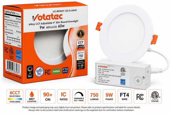 Votatec VO-RP4W9-120-D-6WAY 4 inch slim round LED panel light with junction box driver and packaging for Ontario and Canada installations