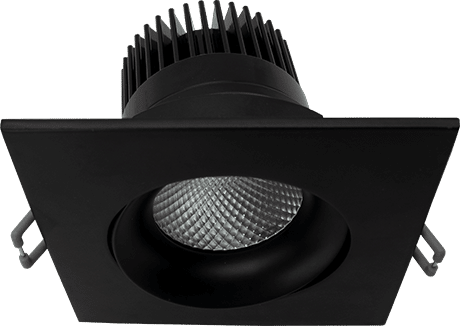 Votatec VO-SP3.5W12-120-D-5WAY Square/BK 3.5 inch square black regressed gimbal LED pot light angled view showing black square trim and regressed gimbal design