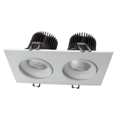 Votatec VO-SP3.5W24-120-D-5WAY-2H /WH 3.5 inch 2-head square white regressed LED pot light angled view showing dual recessed square fixture design
