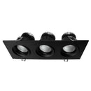 Votatec VO-SP3.5W36-120-D-5WAY-3H /BK 3.5 inch 3-head square black regressed gimbal LED pot light angled view showing triple recessed black square fixture design