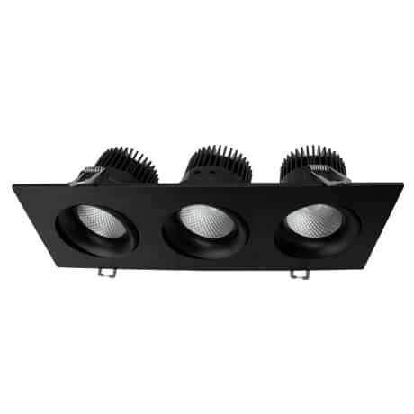 Votatec VO-SP3.5W36-120-D-5WAY-3H /BK 3.5 inch 3-head square black regressed gimbal LED pot light angled view showing triple recessed black square fixture design