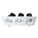 Votatec VO-SP3.5W36-120-D-5WAY-3H /WH 3.5 inch 3-head square white regressed LED pot light angled view showing triple recessed square fixture design