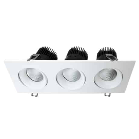 Votatec VO-SP3.5W36-120-D-5WAY-3H /WH 3.5 inch 3-head square white regressed LED pot light angled view showing triple recessed square fixture design