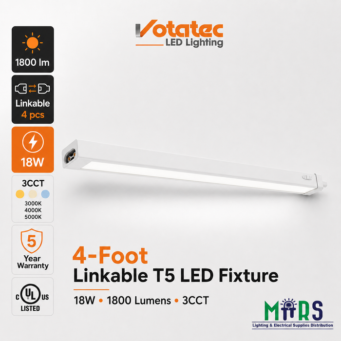 Votatec VO-T5FIXW18FT4 4-foot linkable T5 LED fixture, 18W, 1800 lumens, 3CCT, linkable up to 4 fixtures with MarsLED branding