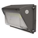 Angled front view of Votatec VO-WPRW120-347-3WAY 120W CCT and power adjustable regular LED wall pack with bronze housing and glass lens