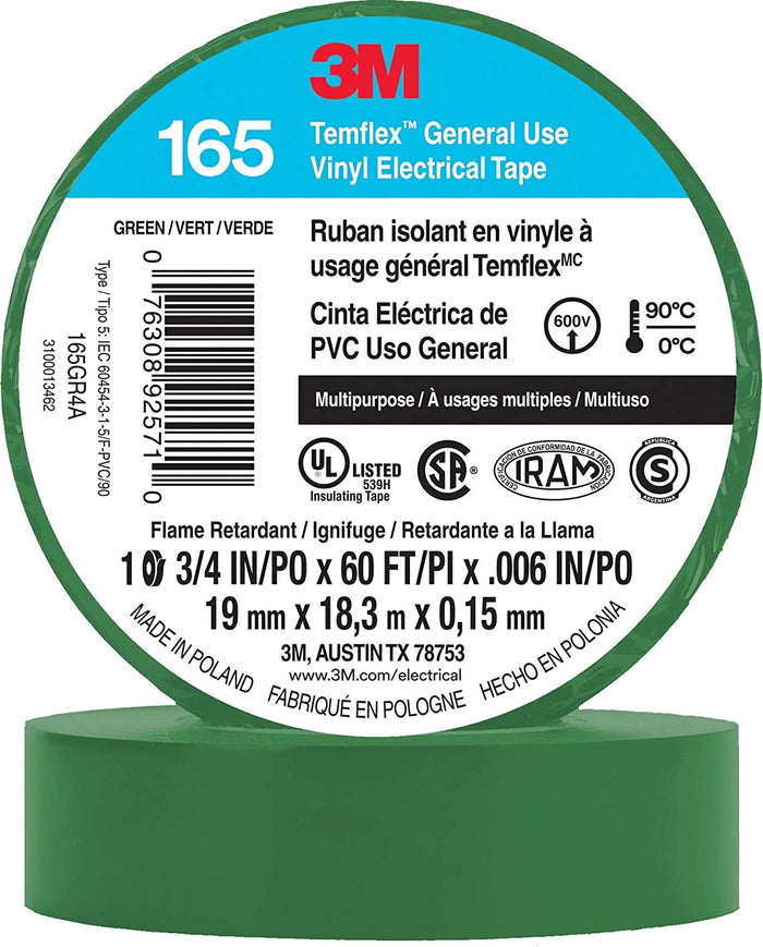 3M Temflex Multi-Purpose Vinyl Electrical Tape 165, Green, 3/4 in x 60 ft (19 mm x 18 m), 10 Roll Pack