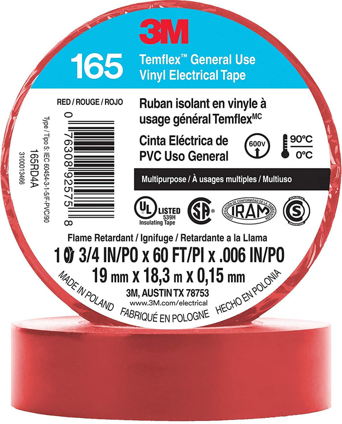 3M Temflex Multi-Purpose Vinyl Electrical Tape 165, Red, 3/4 in x 60 ft (19 mm x 18 m), 10 Roll Pack