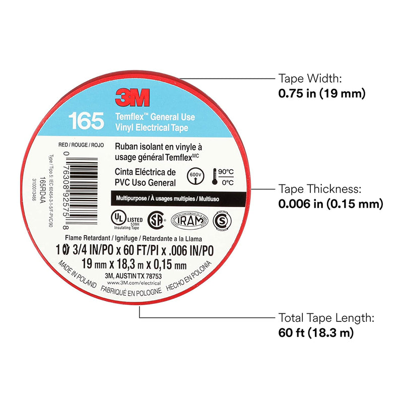3M Temflex Multi-Purpose Vinyl Electrical Tape 165, Red, 3/4 in x 60 ft (19 mm x 18 m), 10 Roll Pack