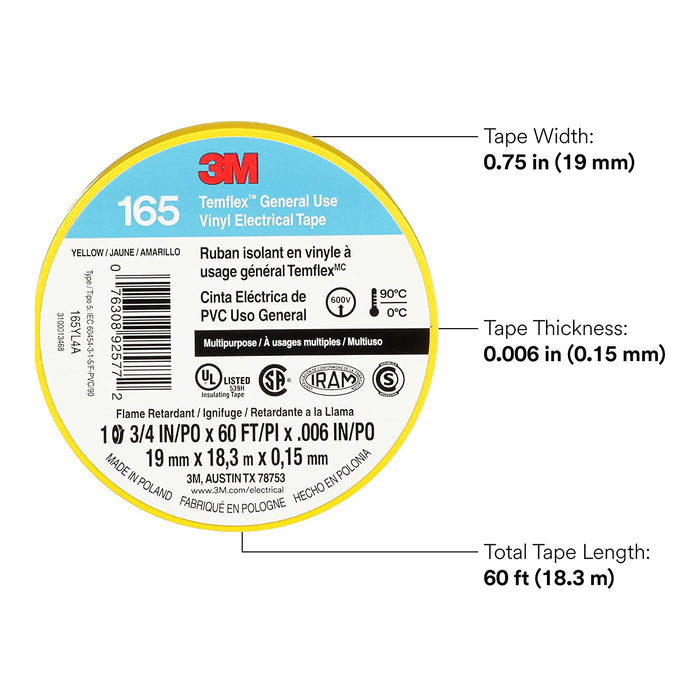 3M Temflex Multi-Purpose Vinyl Electrical Tape 165, Yellow, 3/4 in x 60 ft (19 mm x 18 m), 10 Roll Pack
