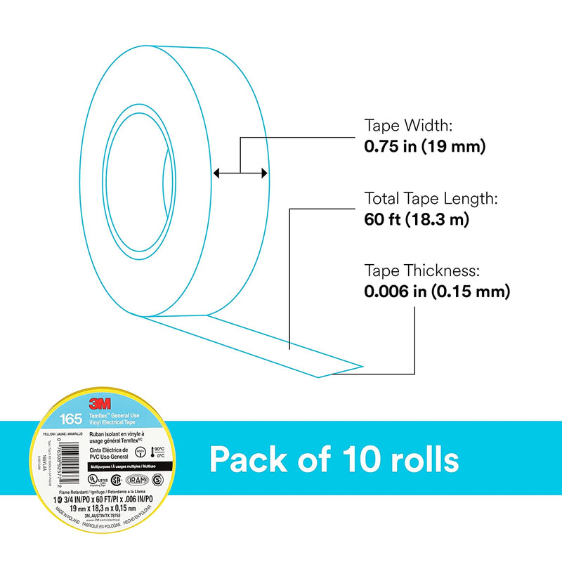 3M Temflex Multi-Purpose Vinyl Electrical Tape 165, Yellow, 3/4 in x 60 ft (19 mm x 18 m), 10 Roll Pack