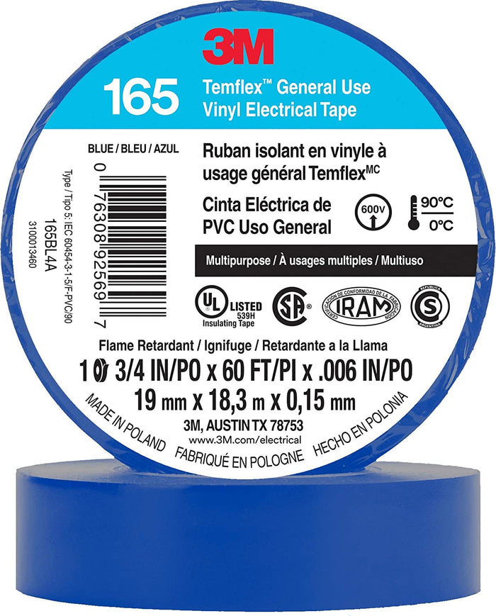 3M Temflex Multi-Purpose Vinyl Electrical Tape 165, Blue, 3/4 in x 60 ft (19 mm x 18 m), 10 Roll Pack