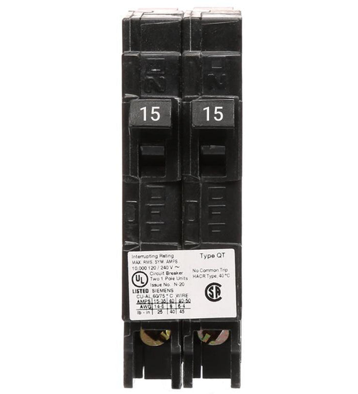 Siemens Q1515NC Tandem 15/15 Amp Single Pole Circuit Breaker
