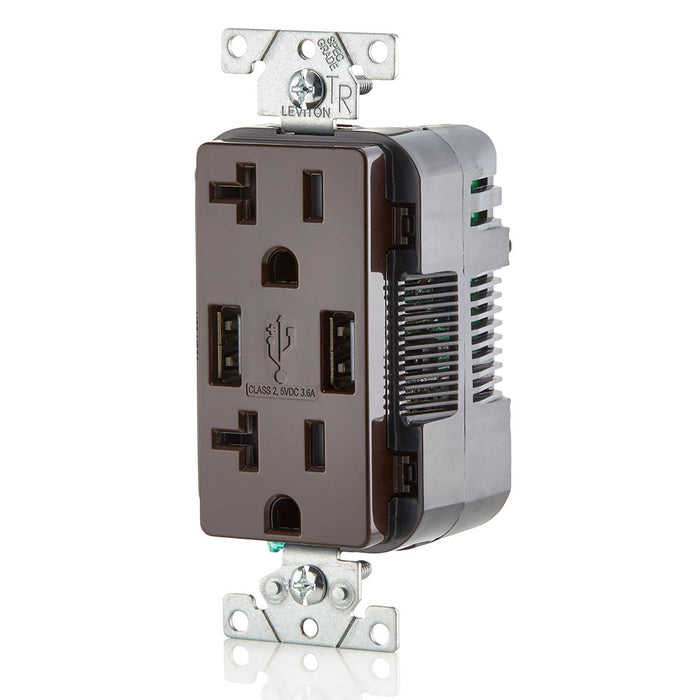 Leviton T5832 3.6A USB Type-A/Type-A Wall Outlet Charger with 20A Tamper-Resistant Receptacles