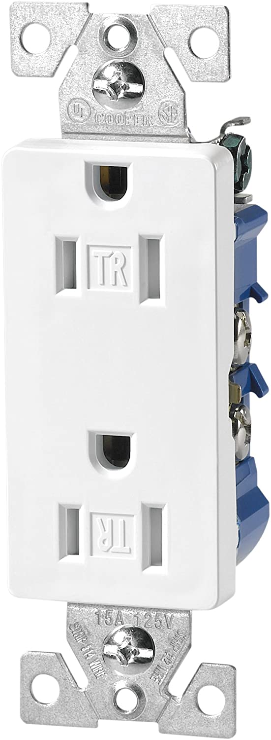 Eaton TR1107W 15A 125V tamper-resistant decorator duplex receptacle white front view