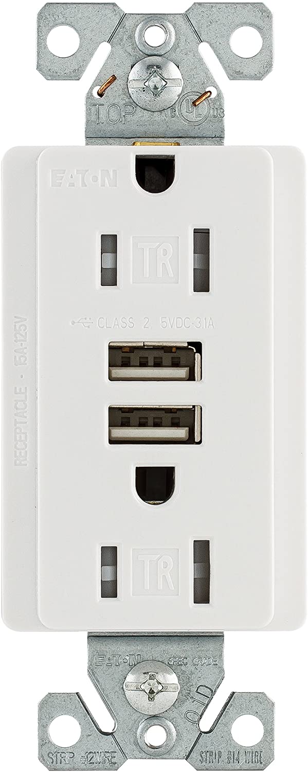Eaton TR7755W 15 Amp 125V Combination USB 3.1A Charger with Duplex Receptacle, White