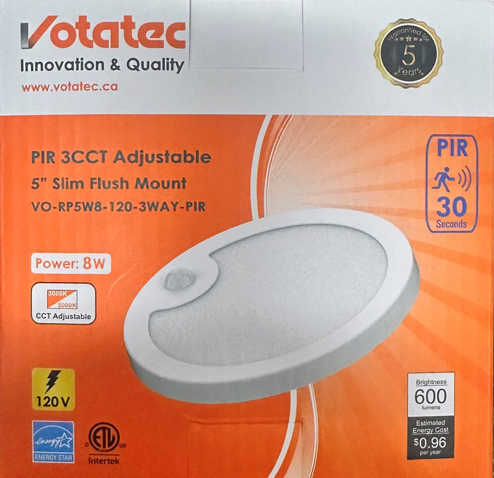 Votatec 8W 5" Adjustable LED Slim Flush Mount with Motion Sensor - VO-RP5W8-120-3WAY-PIR White