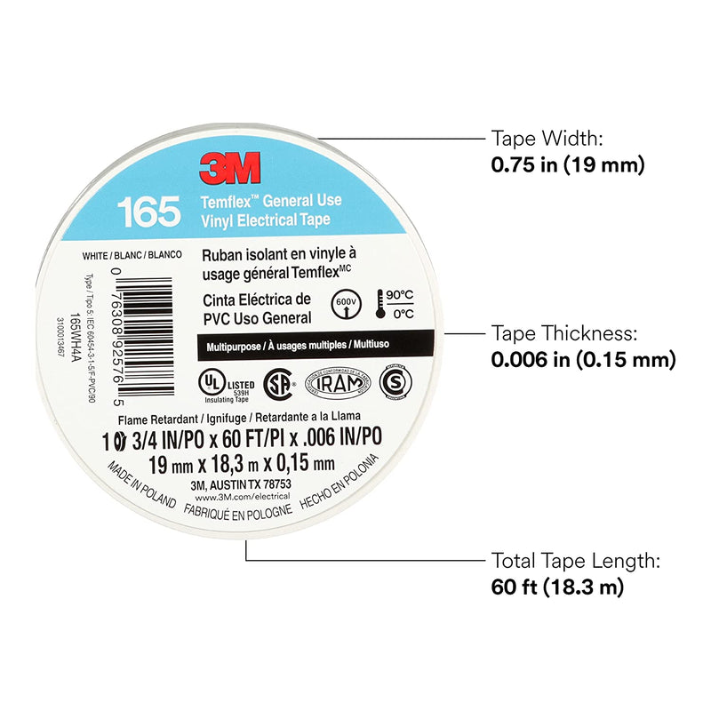 3M Temflex Multi-Purpose Vinyl Electrical Tape 165, White, 3/4 in x 60 ft (19 mm x 18 m), 10 Roll Pack