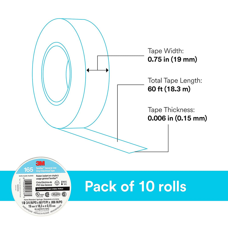 3M Temflex Multi-Purpose Vinyl Electrical Tape 165, White, 3/4 in x 60 ft (19 mm x 18 m), 10 Roll Pack